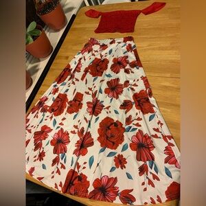 Women's Floral Print Off-Shoulder Crop Top and Split Maxi Skirt Two-Piece